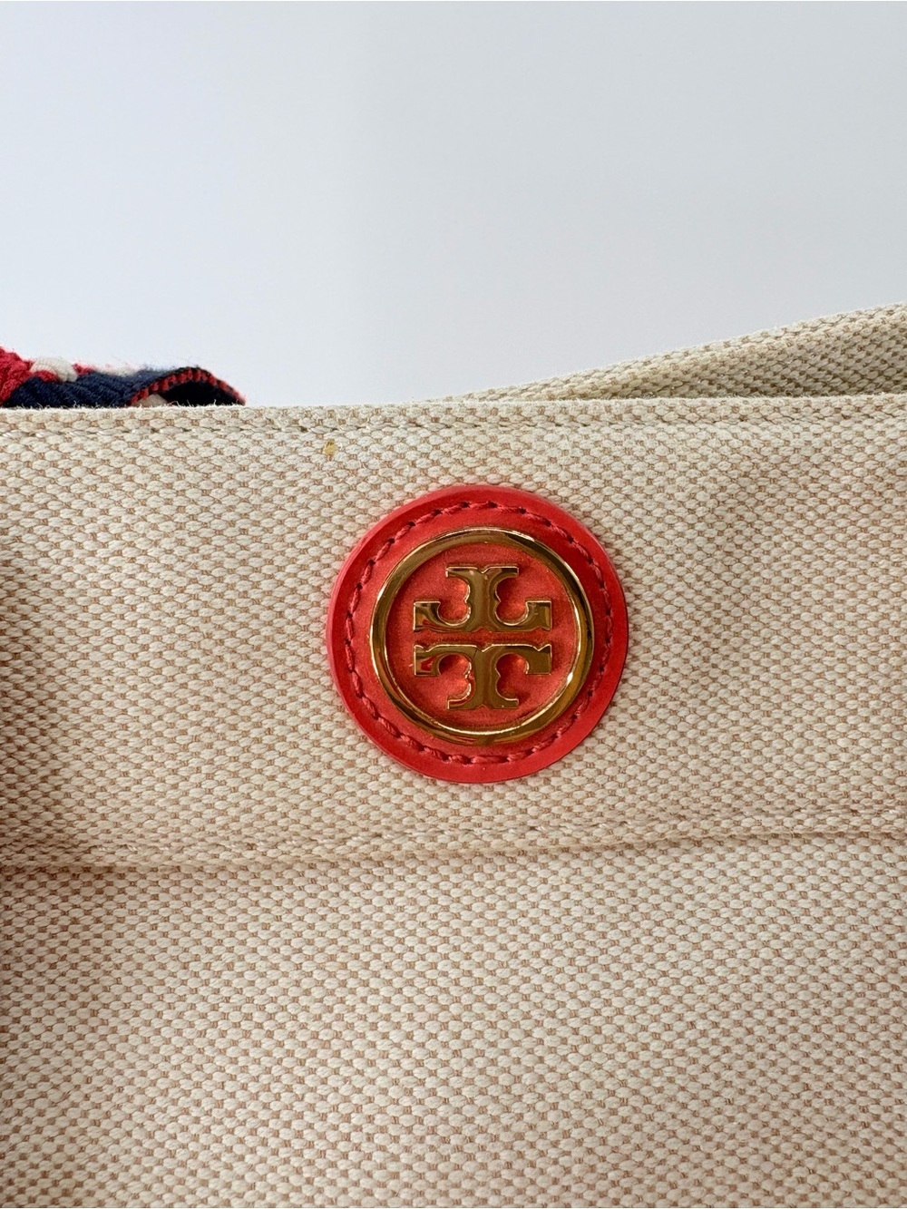 Tory Burch Canvas Tote Bag Coral Patent Trim Embroidered Straps Beach Summer - Picture 9 of 15